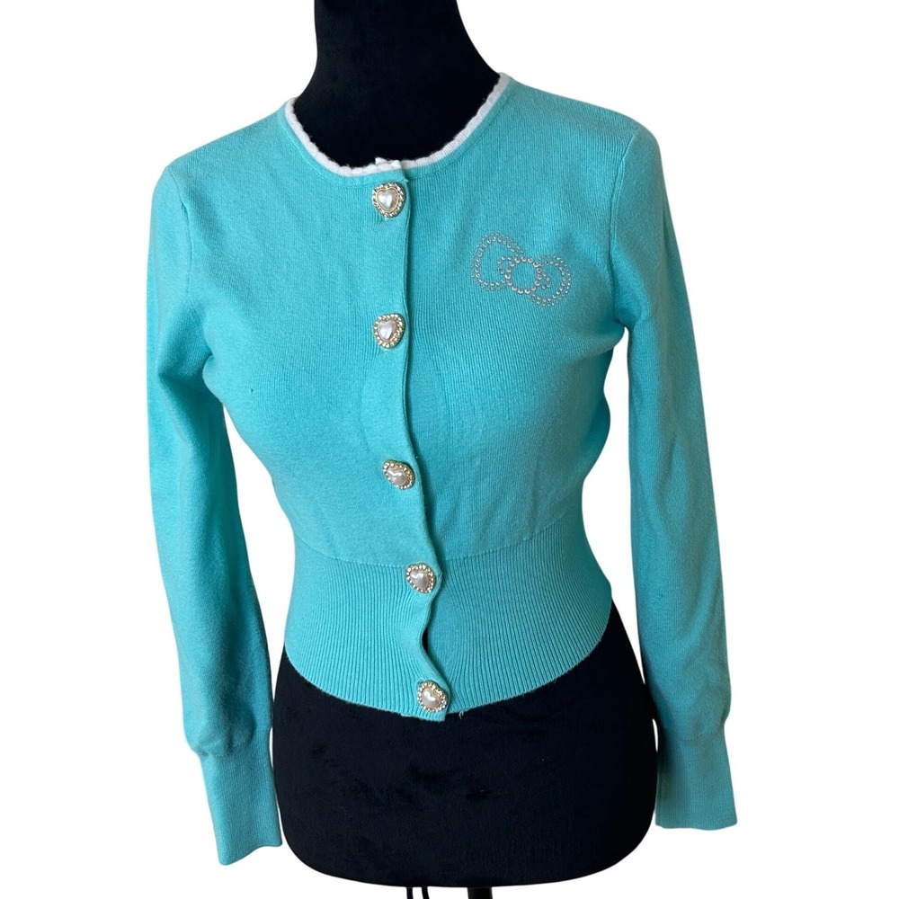 Forever 21 Hello Kitty Cropped Cardigan Sz S Teal Knit 50th Anniversary teencore